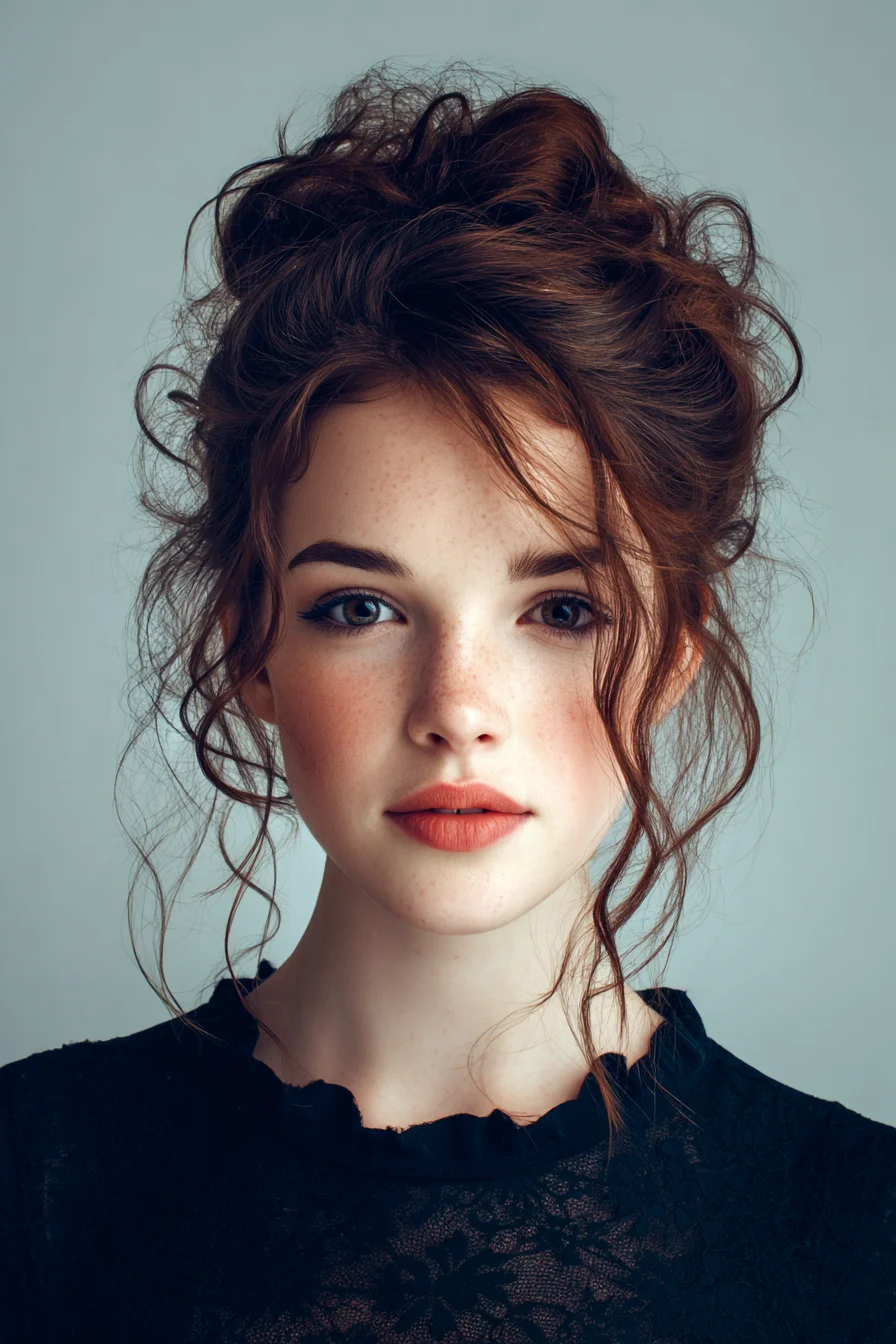 Textured Messy Updo with Face‑Framing Tendrils 17