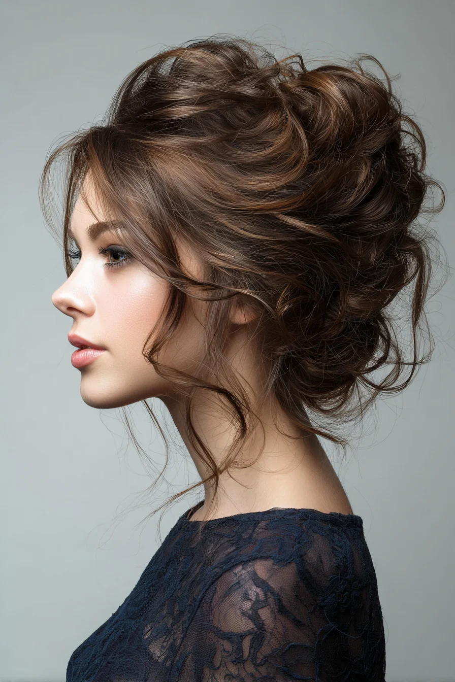 Textured Messy Updo with Face‑Framing Tendrils