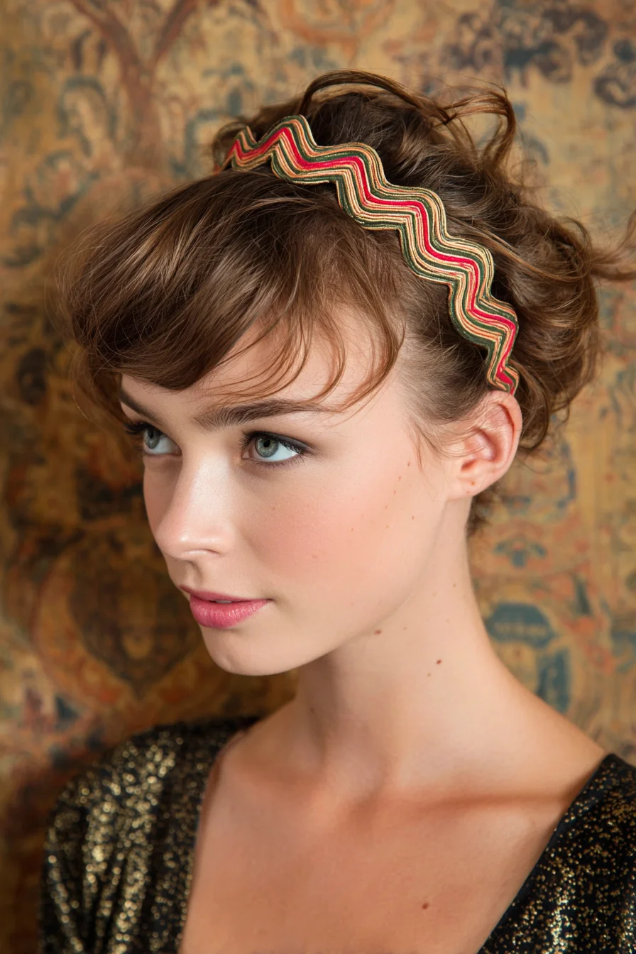 Textured Messy Updo with Wavy Headband and Soft Side Fringe