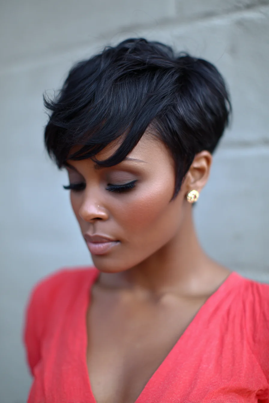 Textured Pixie Cut with Side-Swept Fringe — Sleek Short Black Hairstyle