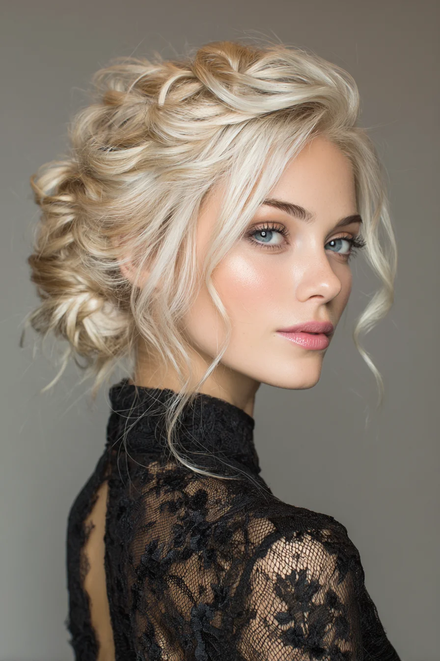 Textured Romantic Braided Updo with Face‑Framing Tendrils