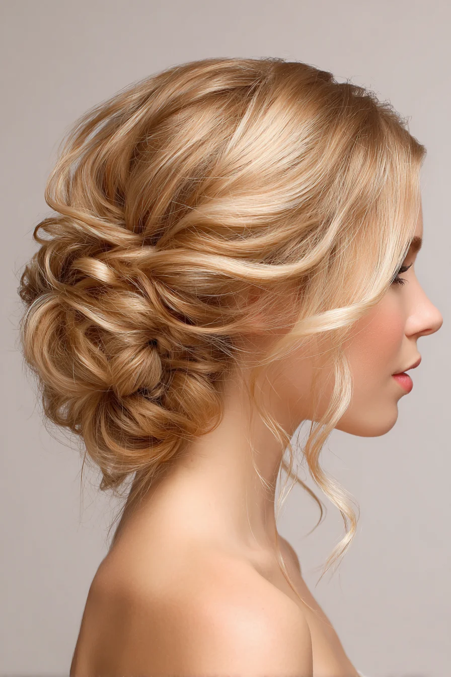 Textured Romantic Low Bun with Face‑Framing Tendrils