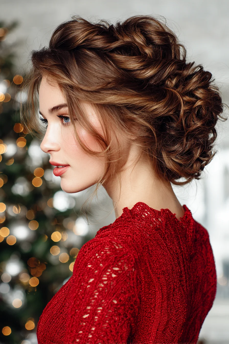 Textured Romantic Low Curly Updo with Face-Framing Tendrils