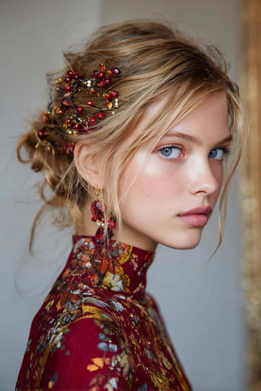 Textured Romantic Low Updo with Beaded Hairpiece