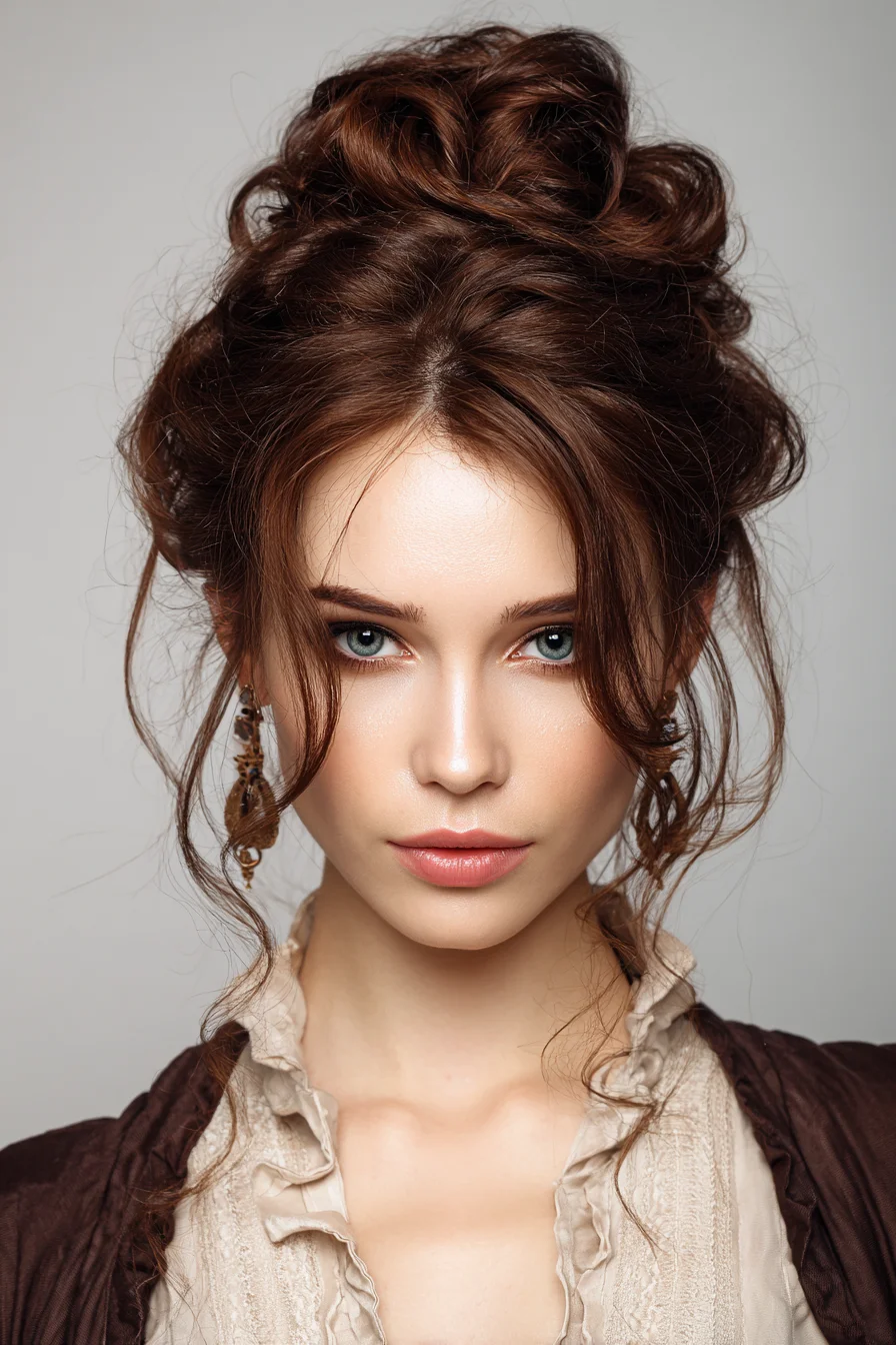 Textured Romantic Messy Updo with Face‑Framing Tendrils
