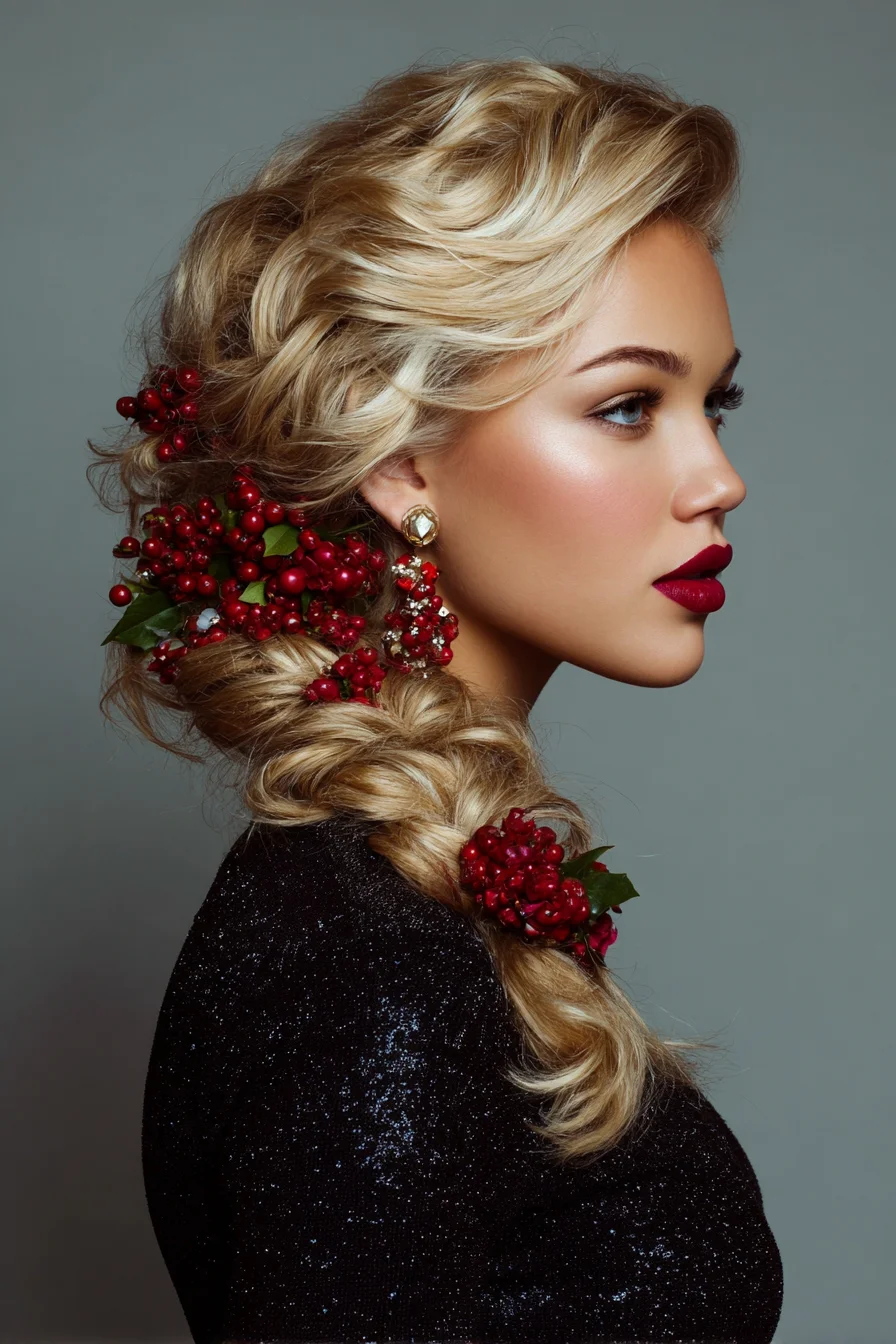 Textured Romantic Side Braid with Festive Berry Accents