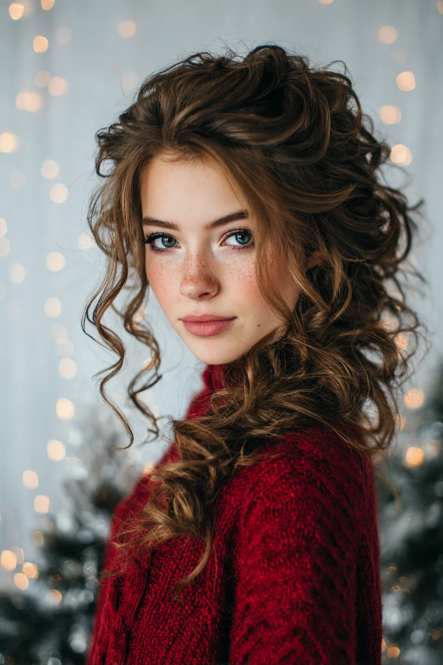 Textured Romantic Side-Swept Curls — Voluminous Half-Up Curly Updo