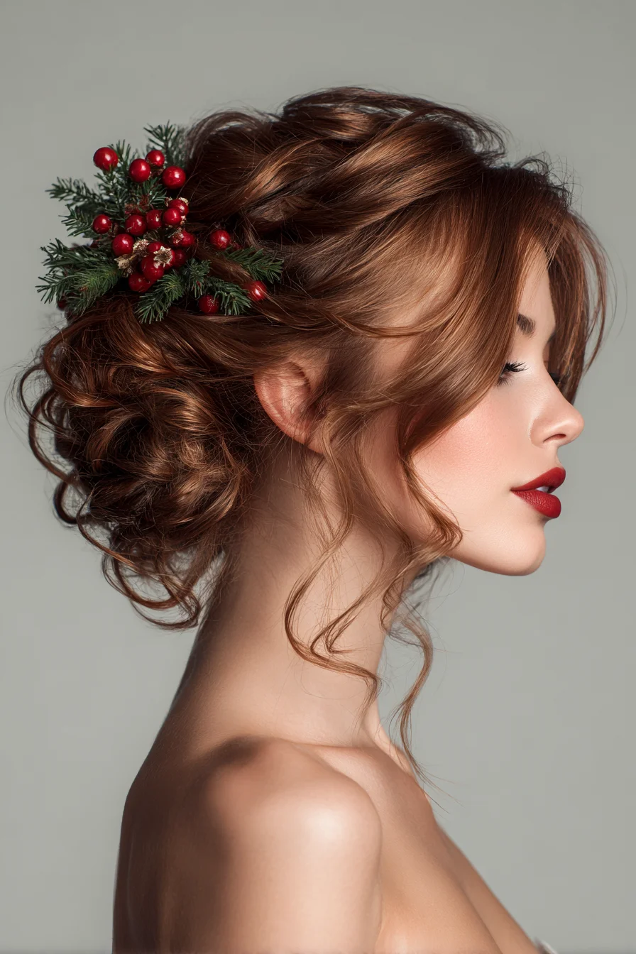 Textured Romantic Updo with Loose Face‑Framing Curls and Berry Accent