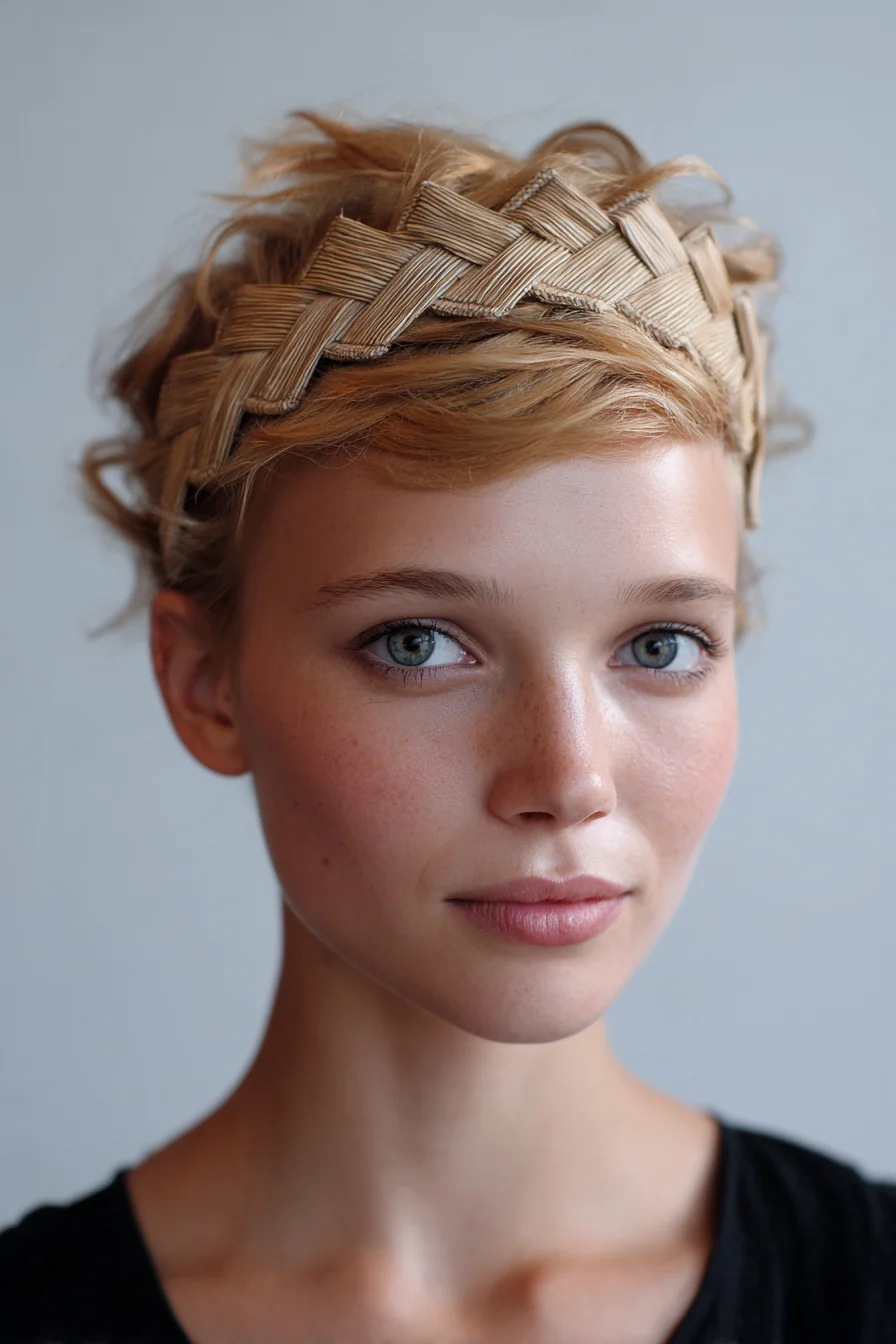 Textured Short Hair with Woven Crown Braid Headband