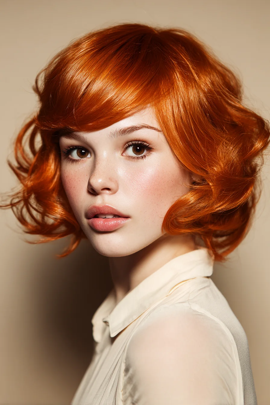 Textured Short Wavy Bob with Side‑Swept Fringe (Copper Finish)