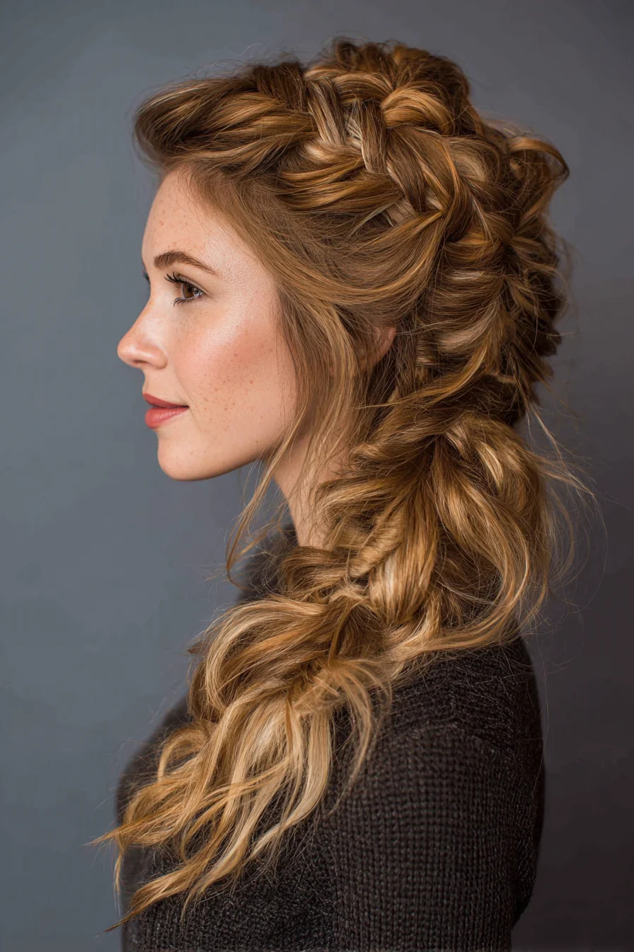 Textured Side Dutch Braid into Loose Fishtail Ponytail
