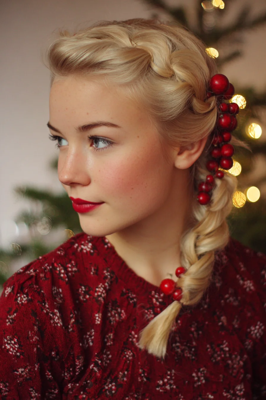 Textured Side Dutch Braid with Festive Berry Accents
