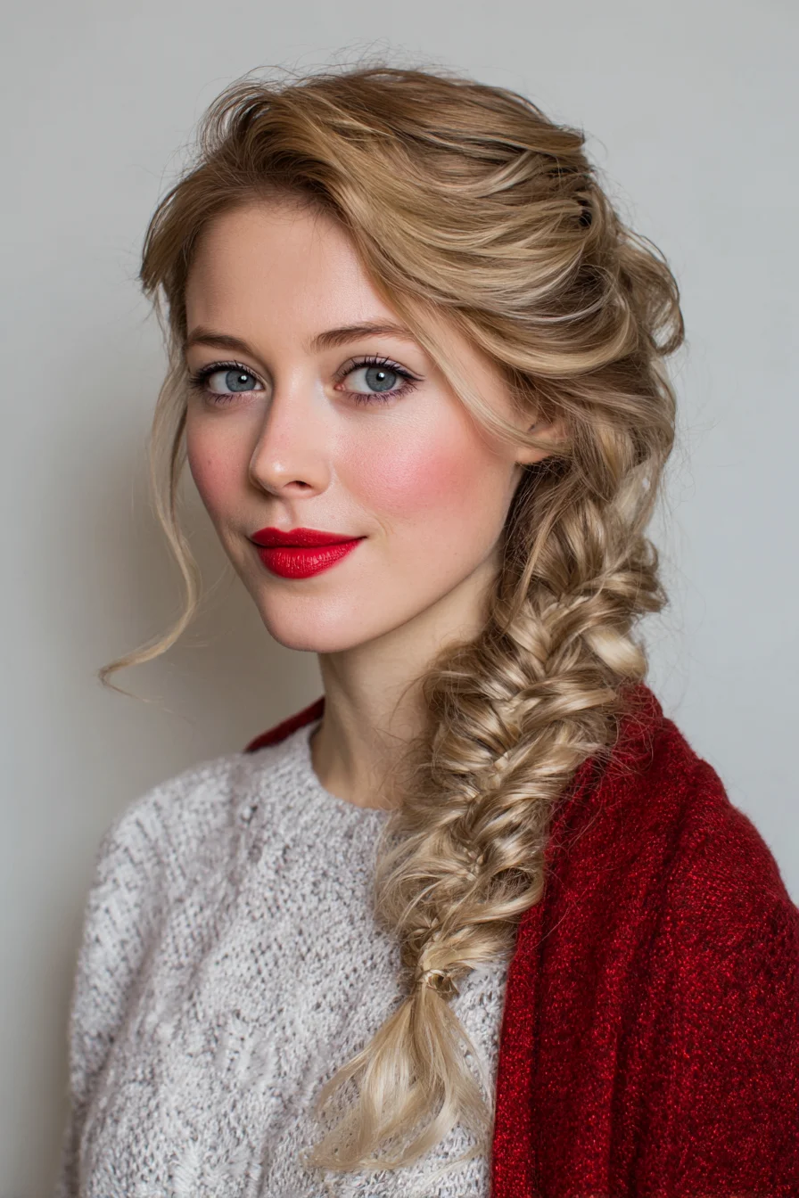 Textured Side Fishtail Braid with Soft Face‑Framing Tendrils