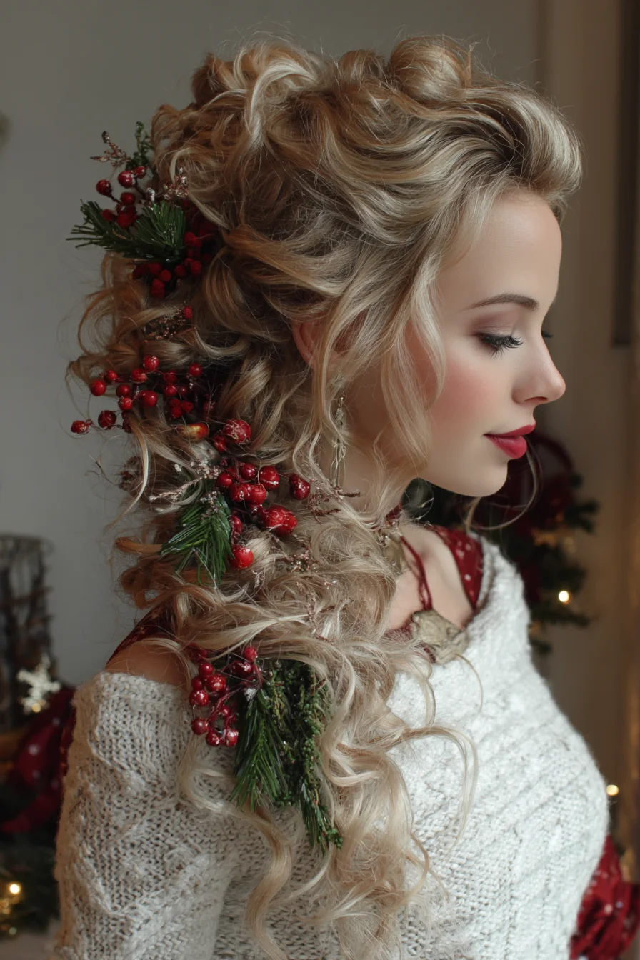 Textured Side‑Swept Romantic Curls with Festive Greenery