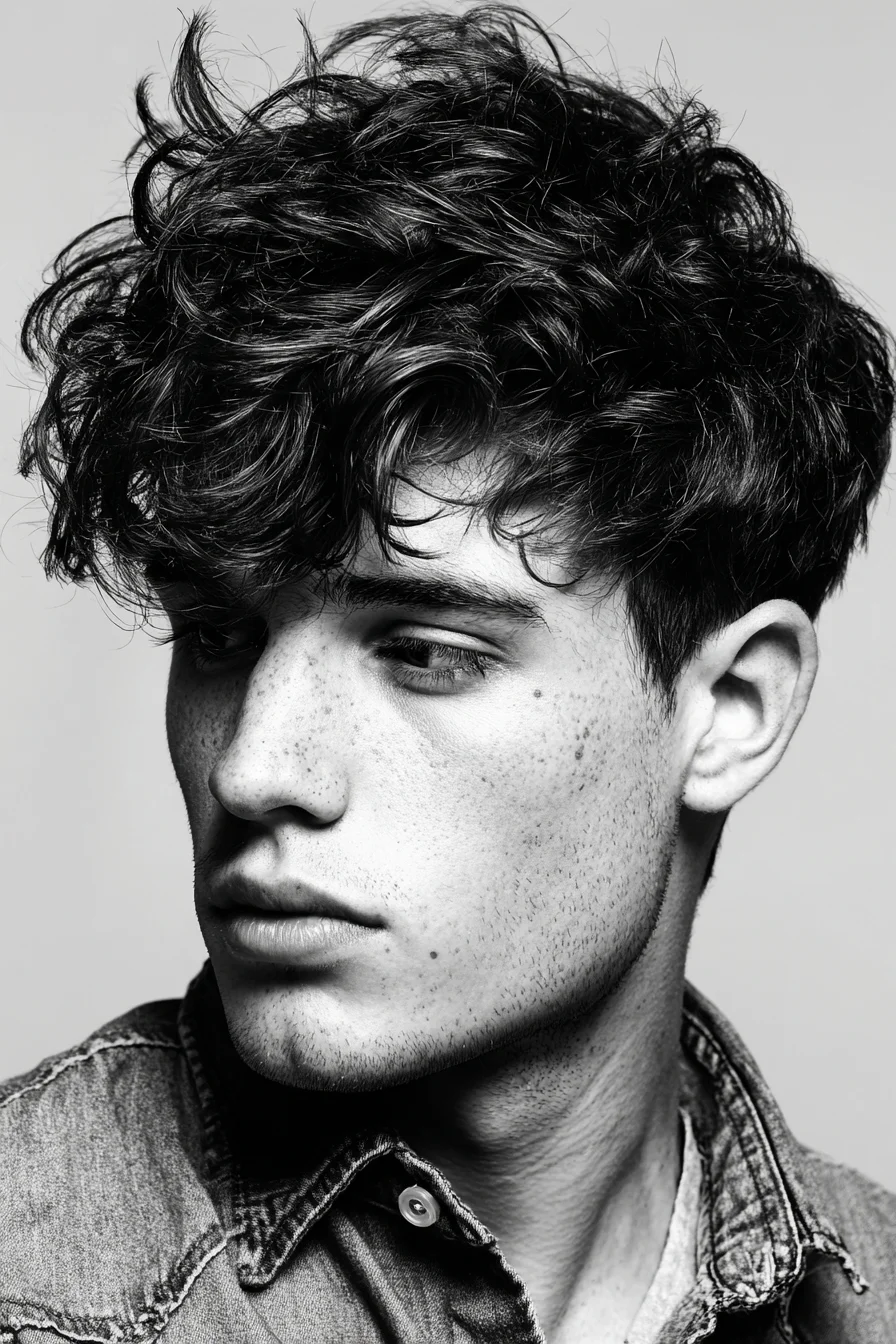 Textured Tousled Curly Fringe — Medium-Length Top with Short Tapered Sides