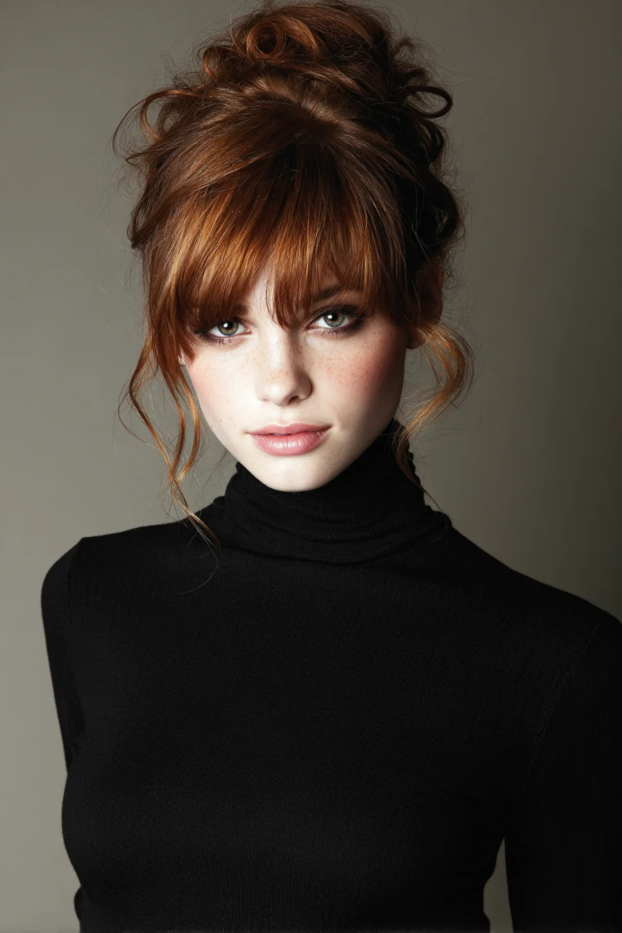 Textured Tousled High Bun with Curtain Bangs — Soft Messy Updo