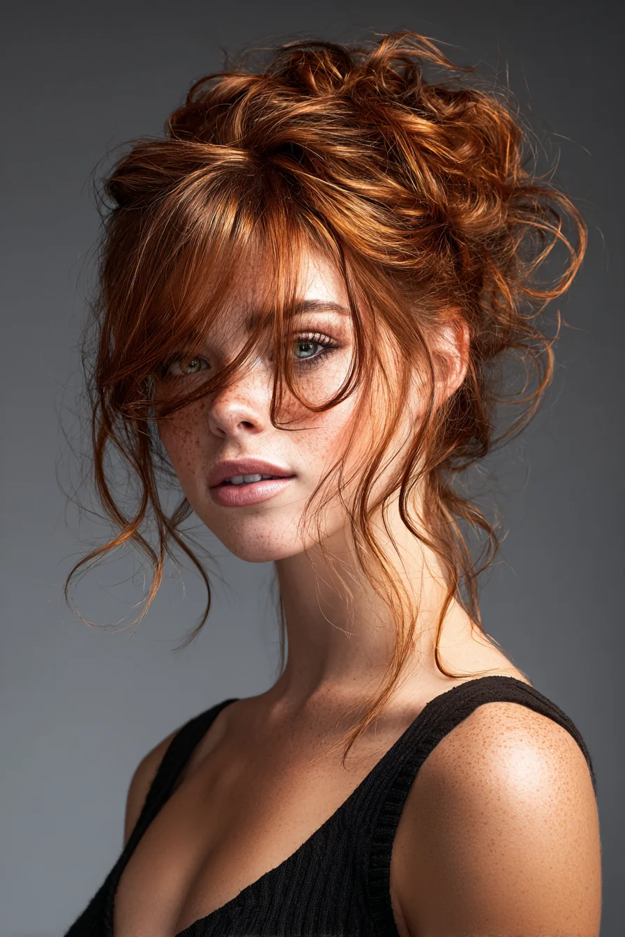 Textured Tousled Updo with Face‑Framing Layers and Curtain Bangs