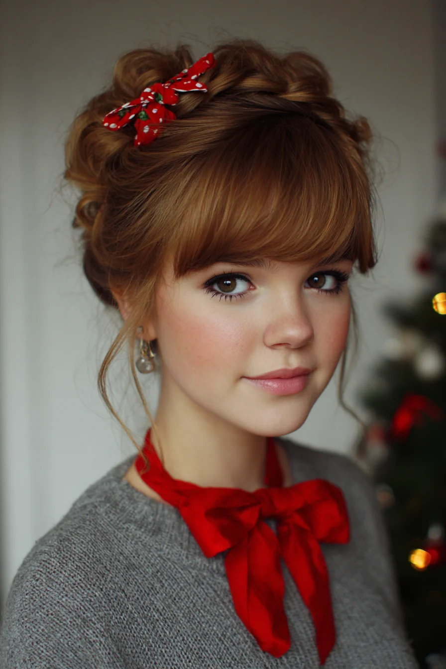 Textured Twisted Updo with Soft Fringe and Decorative Bow