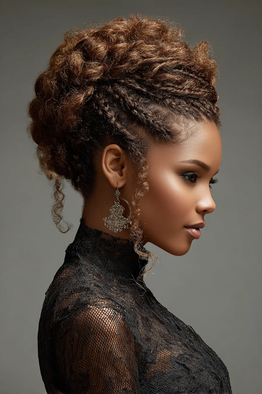 Textured Updo with Side Cornrows and Soft Face‑Framing Curls