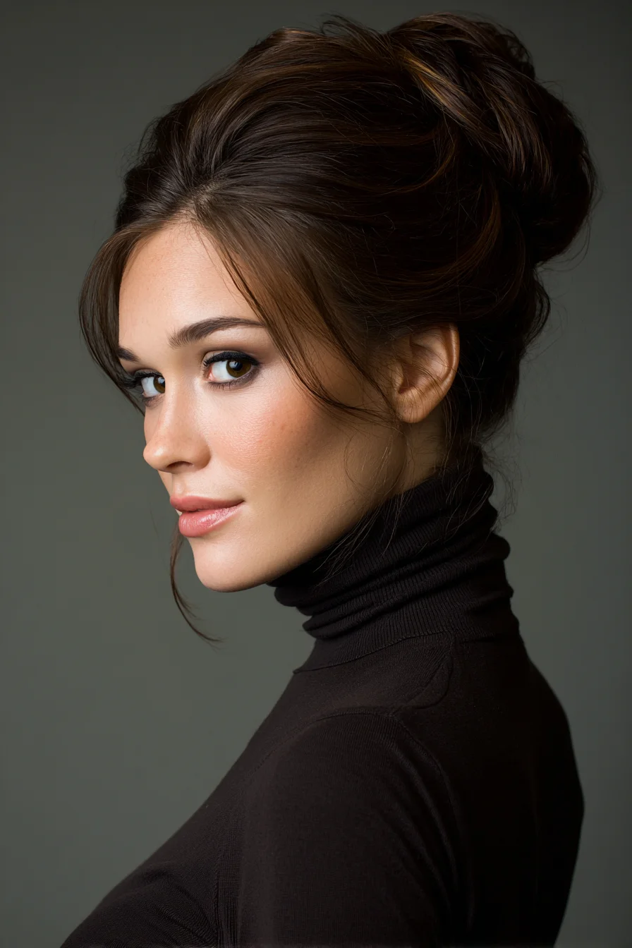 Textured Voluminous High Bun with Face‑Framing Tendrils