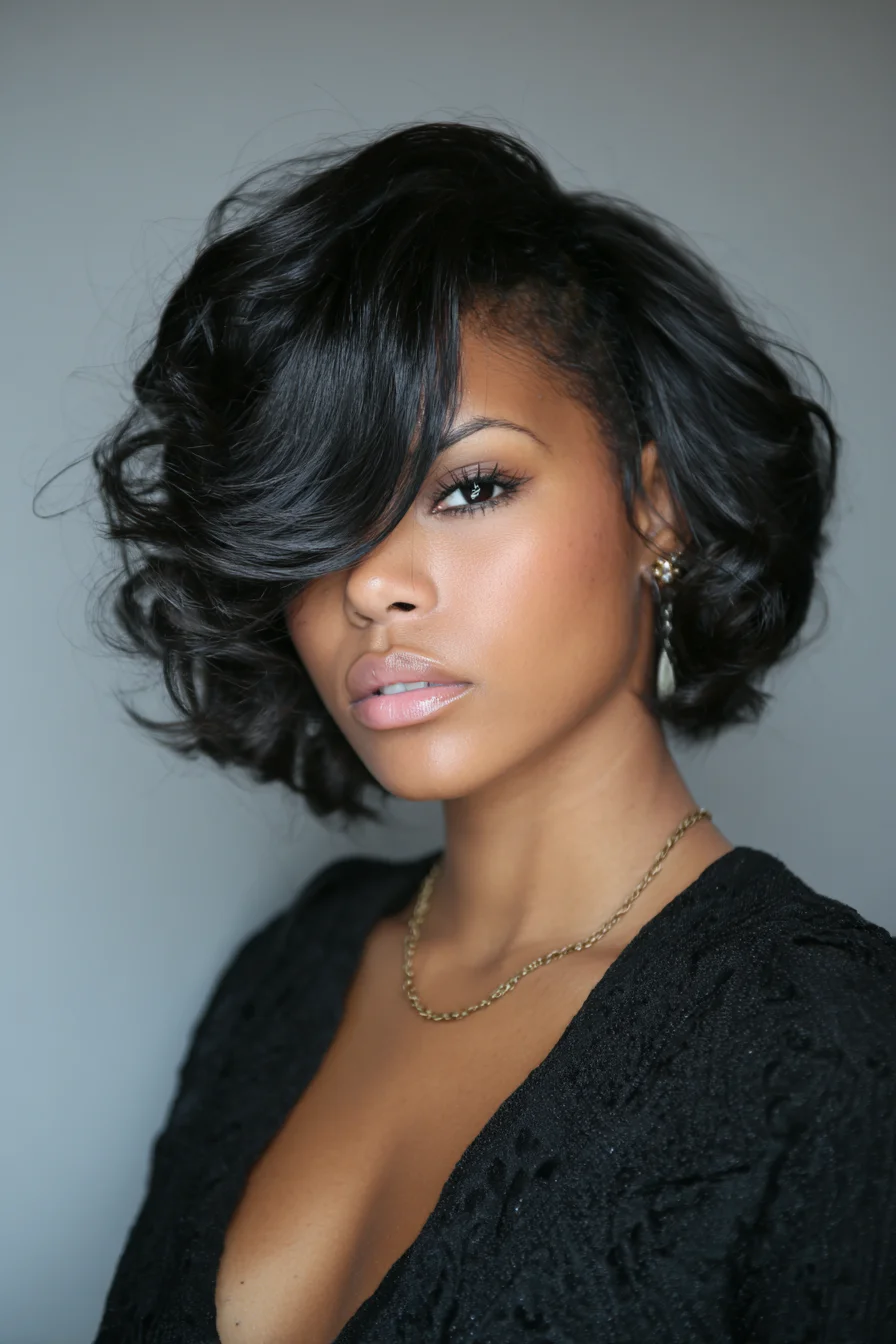 Textured Voluminous Side-Swept Bob with Soft Curls