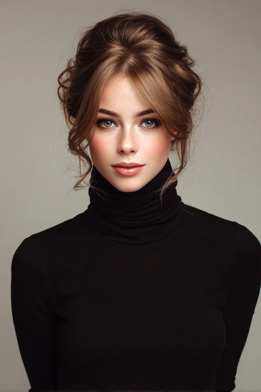 Textured Voluminous Updo with Soft Curtain Bangs