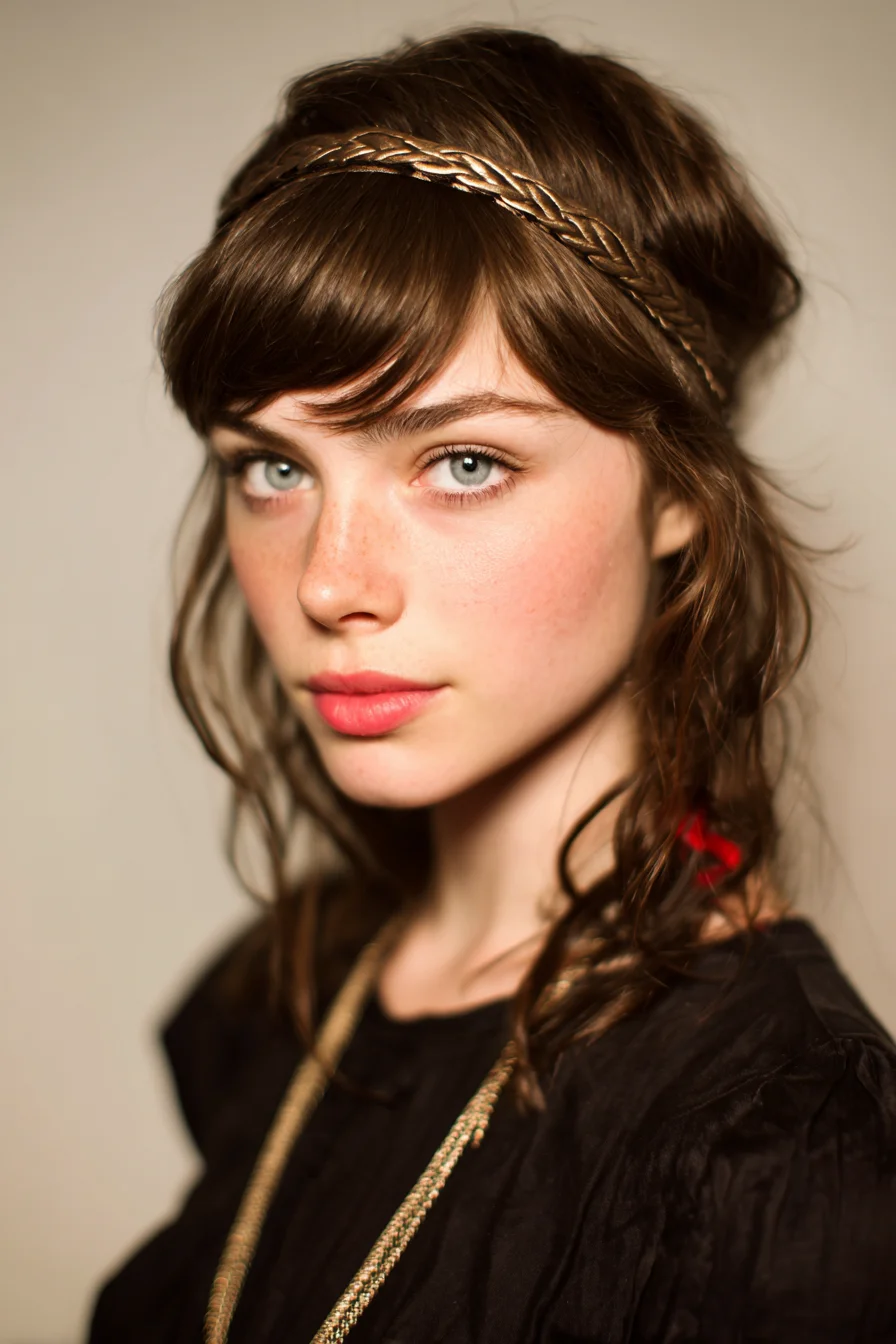 Textured Wavy Lob with Braided Headband and Wispy Bangs