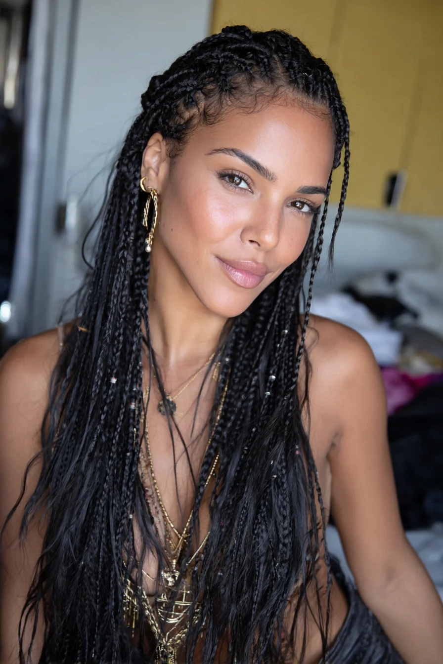 Thin Feed-In Box Braids with Cornrow Crown