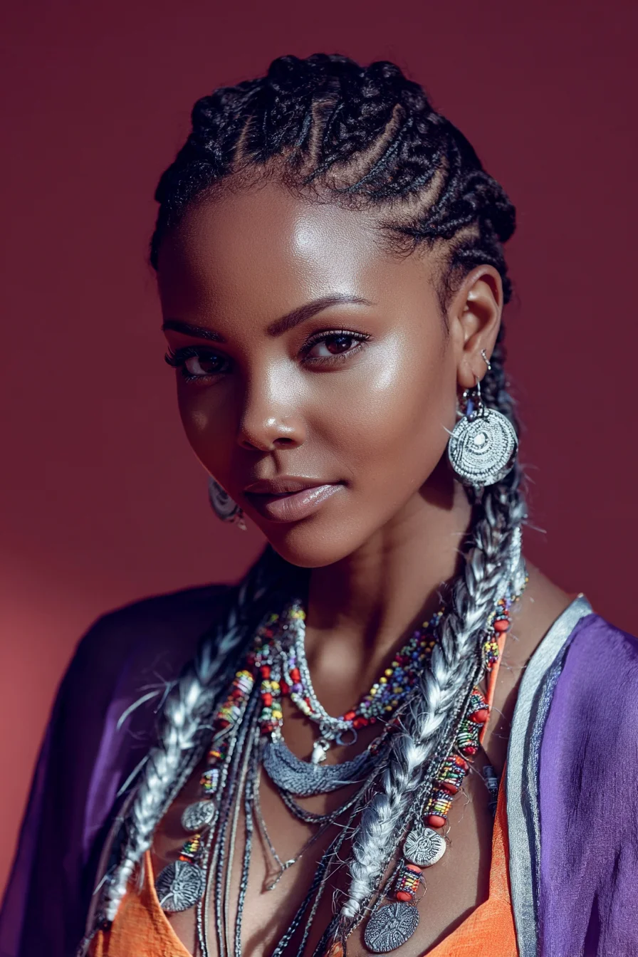 Tight Cornrows Transitioning to Long Silver Ombre Braids with Bead Accents