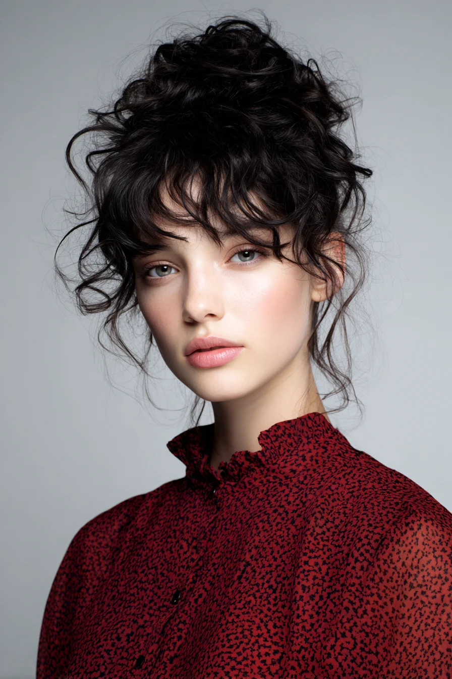 Tousled Curly Updo with Wispy Curtain Bangs