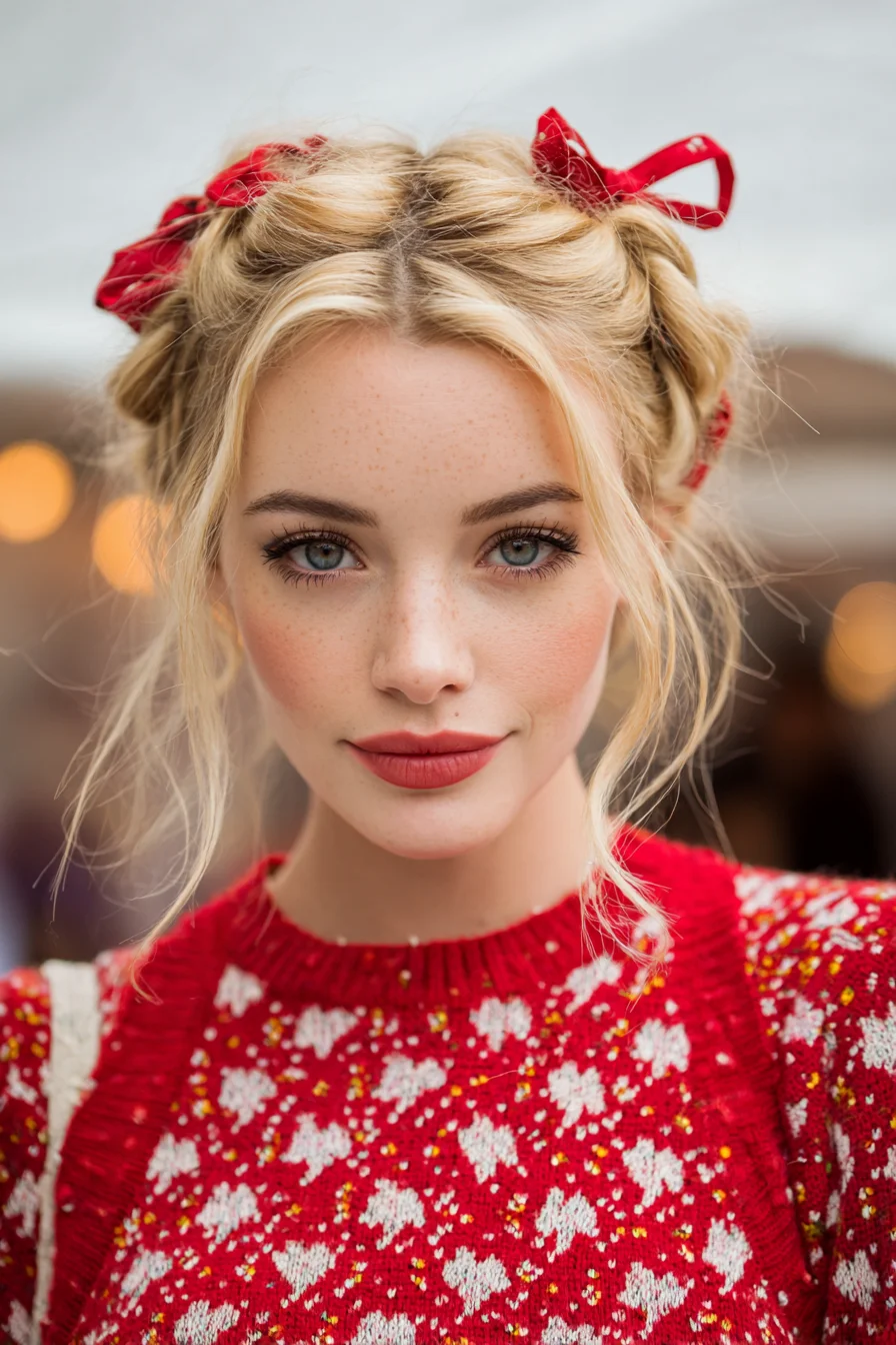 Tousled Double Braided Buns with Face‑Framing Tendrils