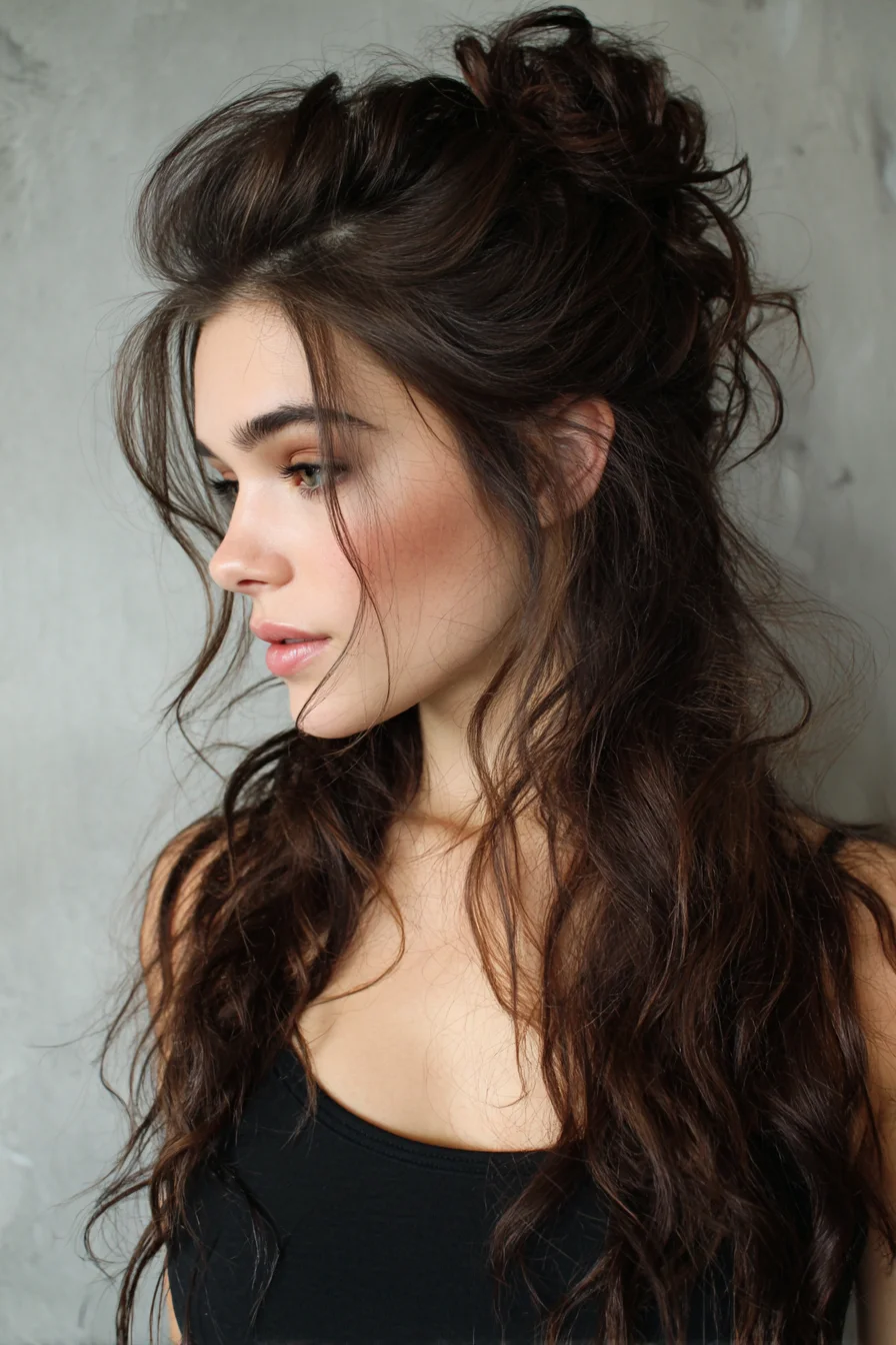 Tousled Half‑Up with Voluminous Crown, Face‑Framing Layers and Loose Waves