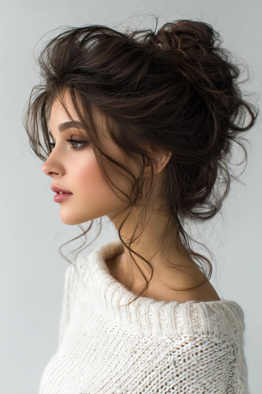Tousled Textured High Bun with Face‑Framing Tendrils