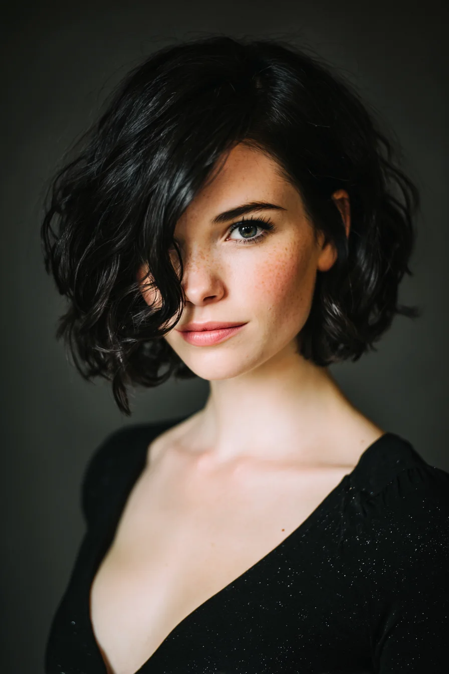 Tousled Textured Wavy Bob with Deep Side Part