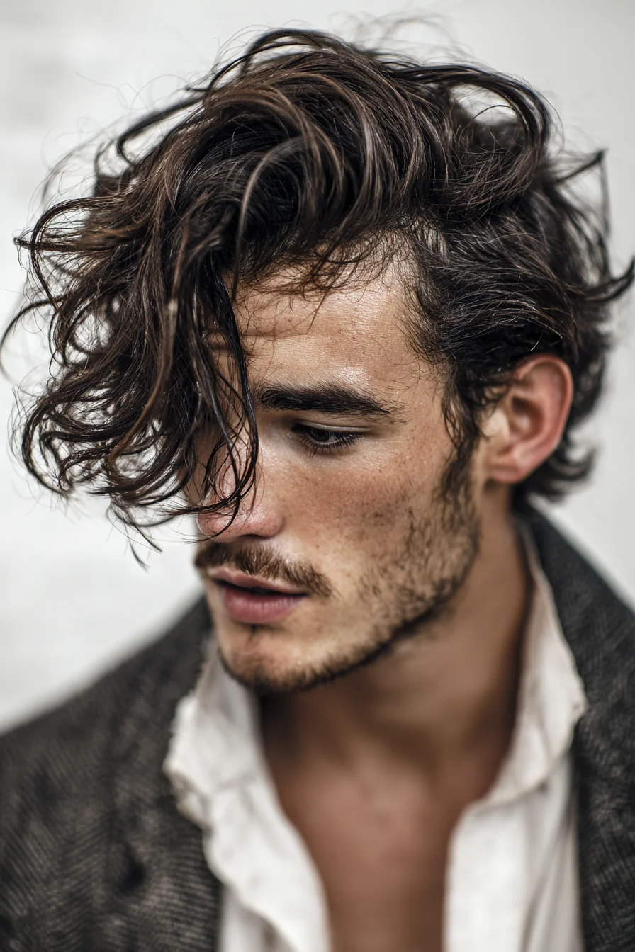 Tousled Wavy Mid‑Length Men’s Hair with Textured Fringe