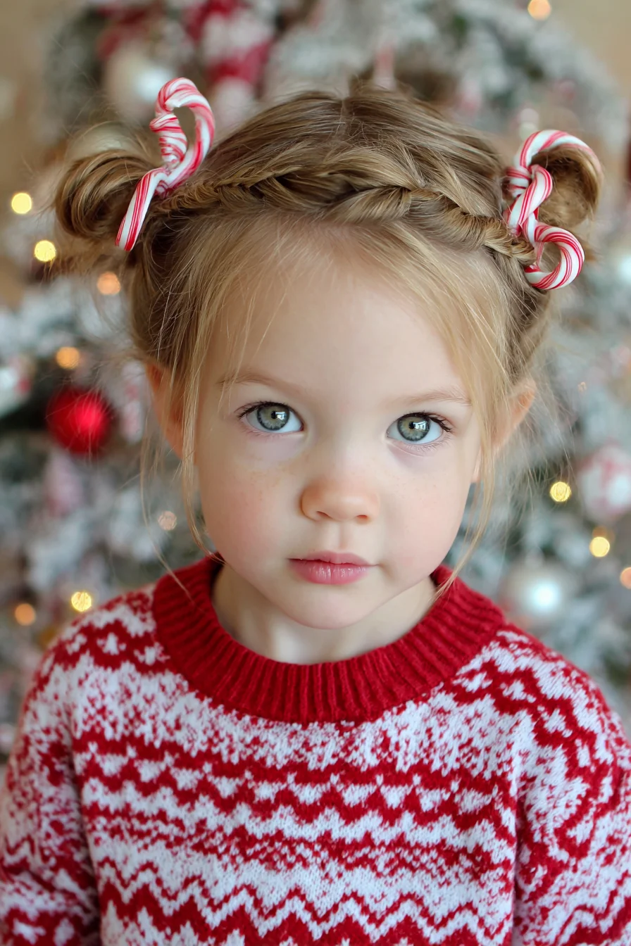 Twisted Crown Braid into Double Buns with Festive Ribbon Accents