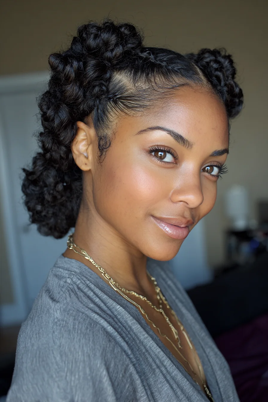 Two Front Bantu Knots with Textured Low Puff for Natural Curly Hair