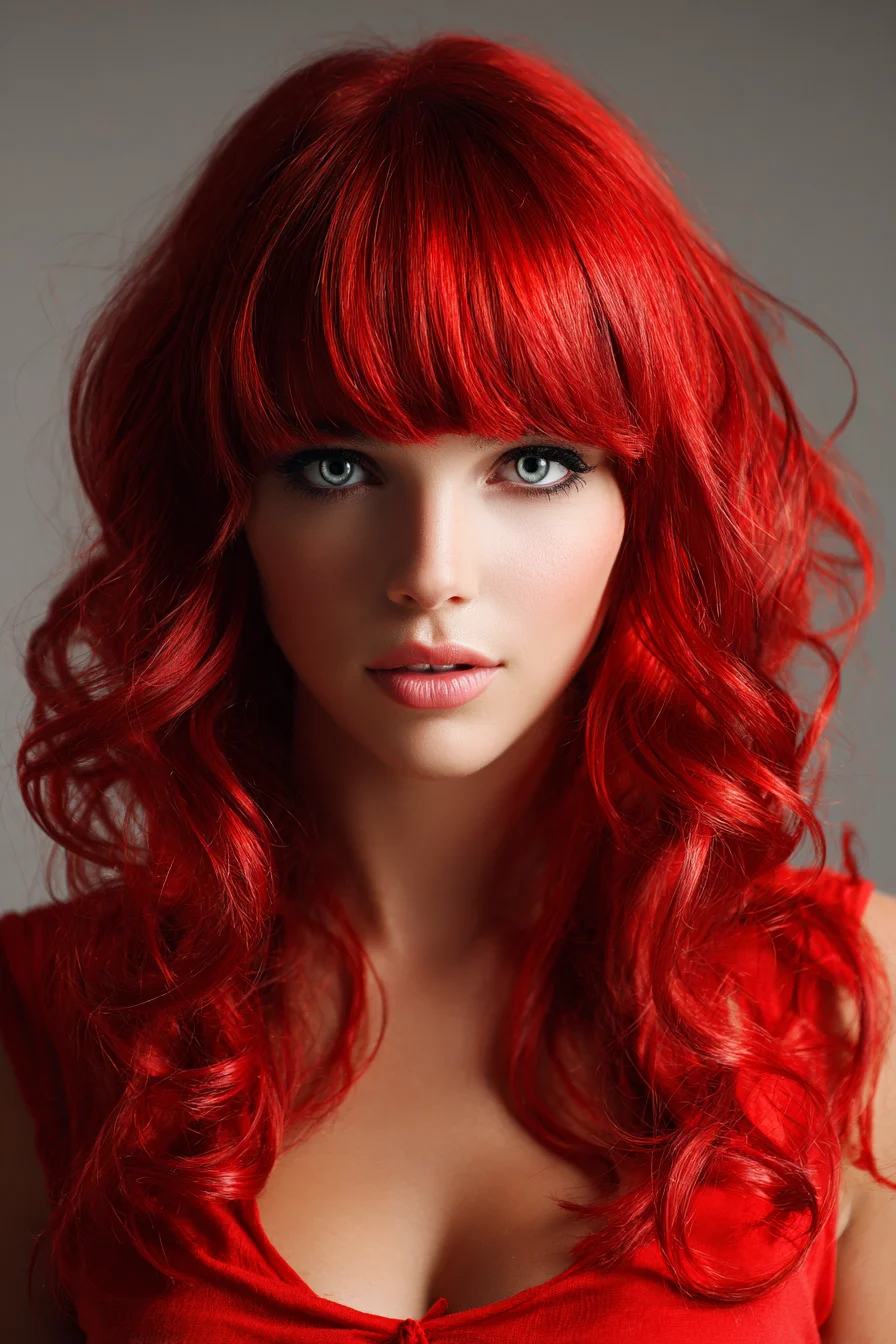 Vibrant Red Long Layers with Full Blunt Fringe
