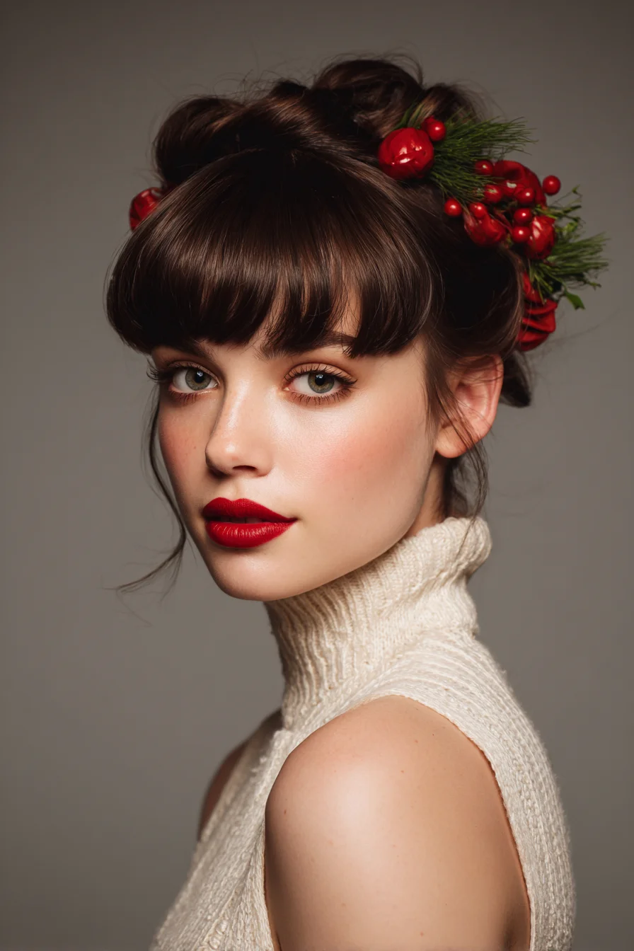 Vintage Holiday Updo with Blunt Bangs and Decorative Berry Accents