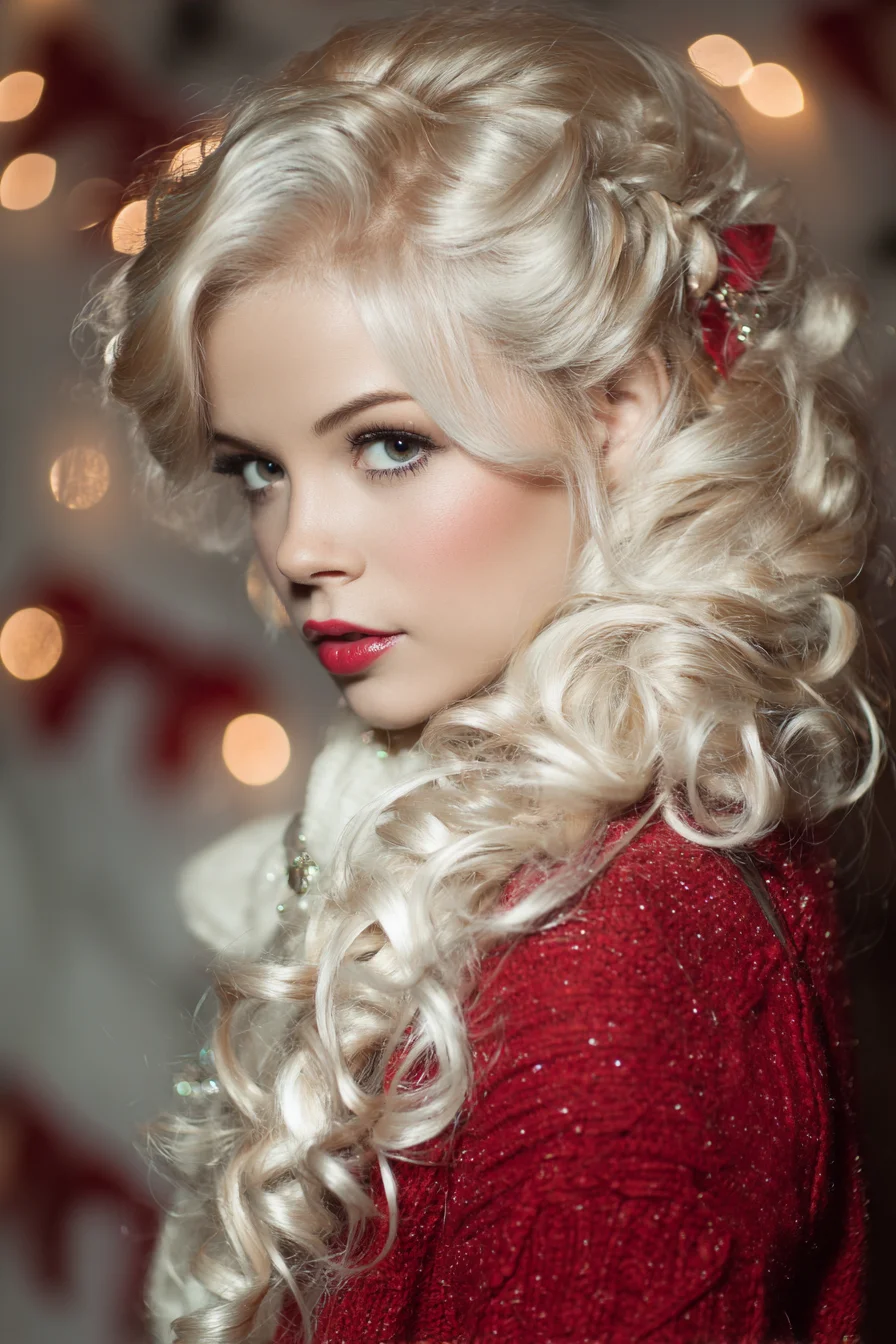 Vintage Side-Swept Voluminous Curls for Long Blonde Hair