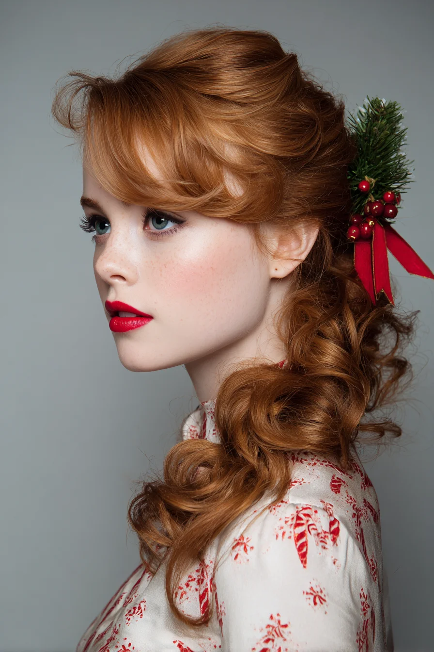 Vintage Side‑Swept Voluminous Curls with Festive Ribbon Accent