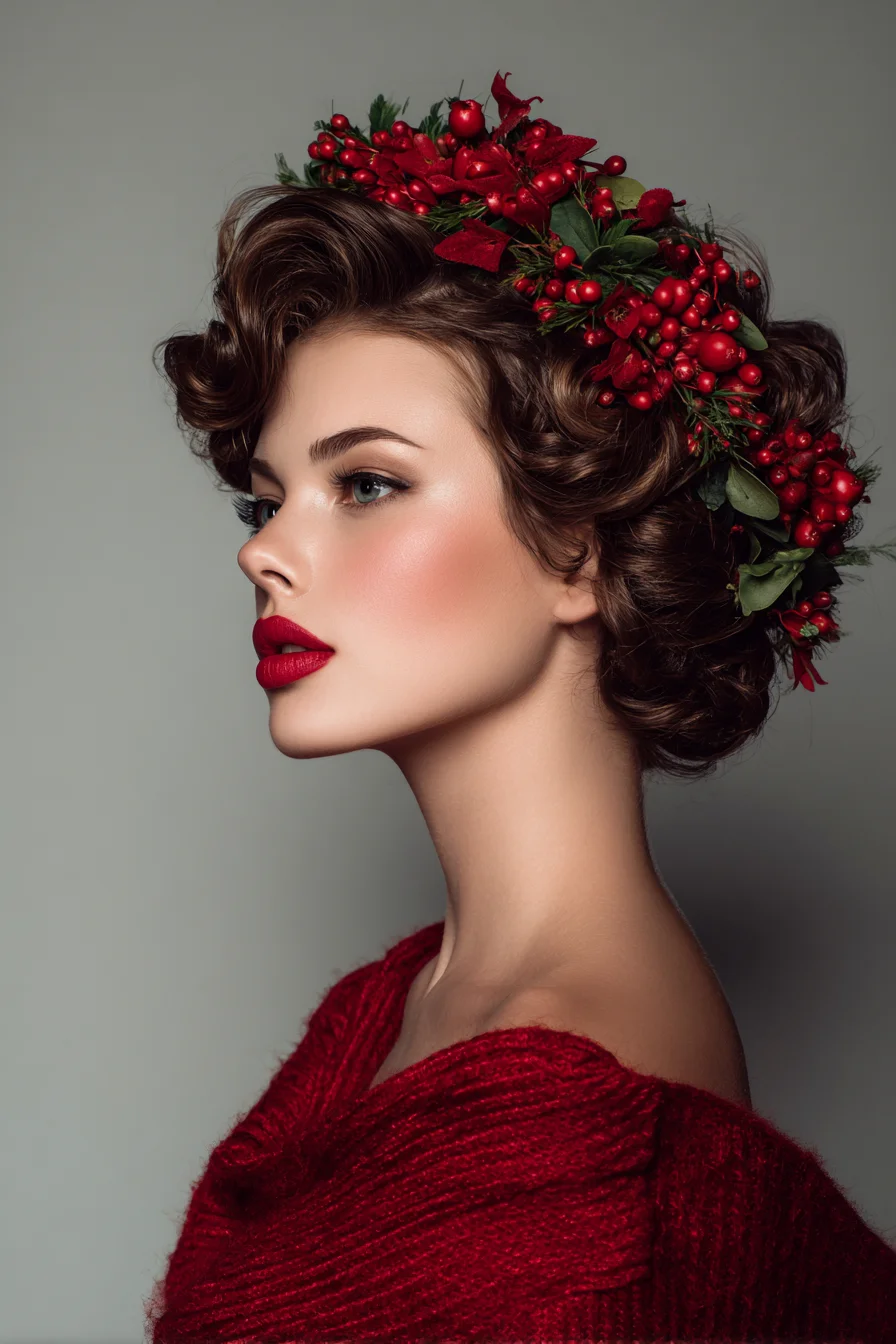 Vintage Voluminous Finger-Wave Updo with Berry Floral Crown