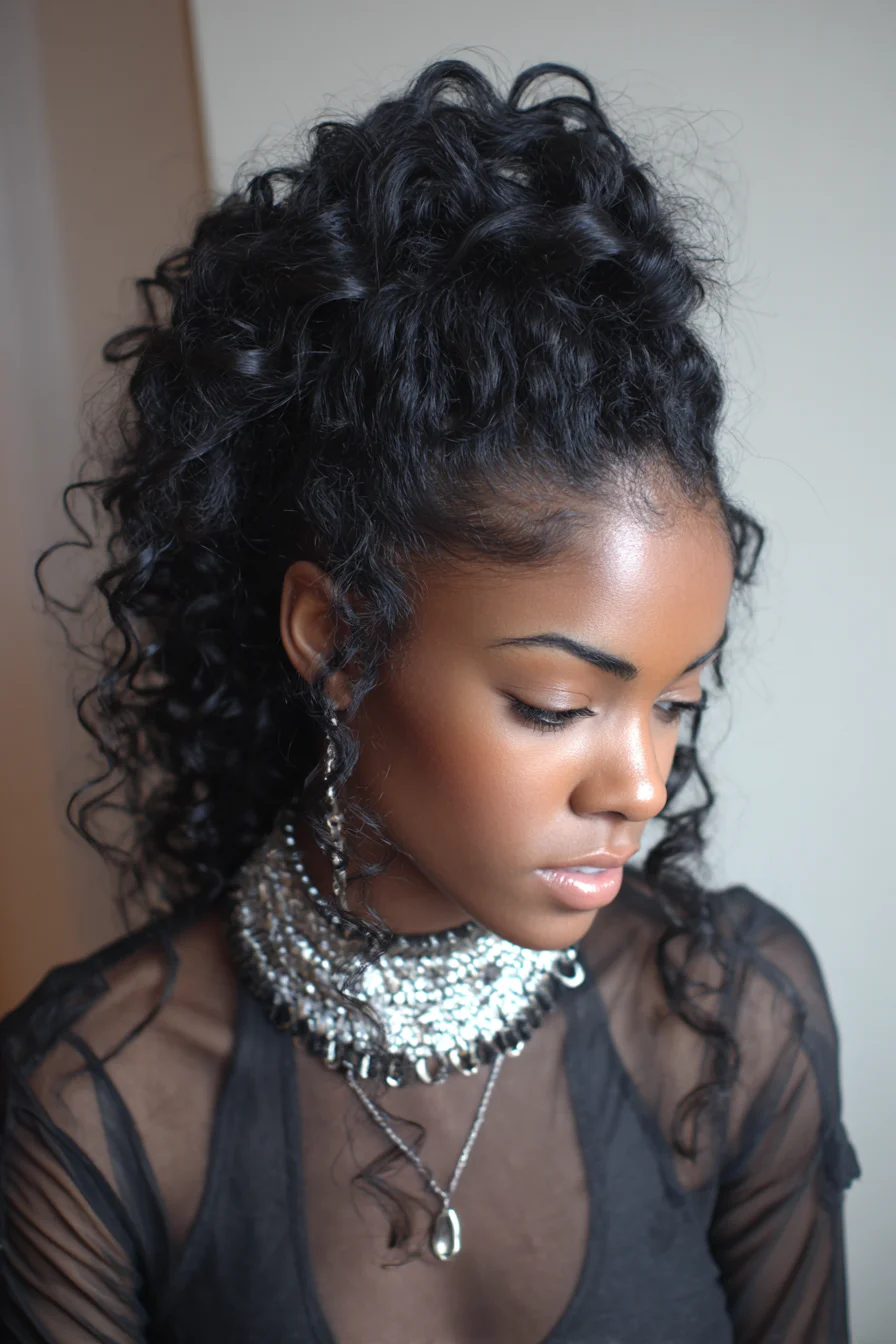 Voluminous Curly High Ponytail with Face‑Framing Tendrils