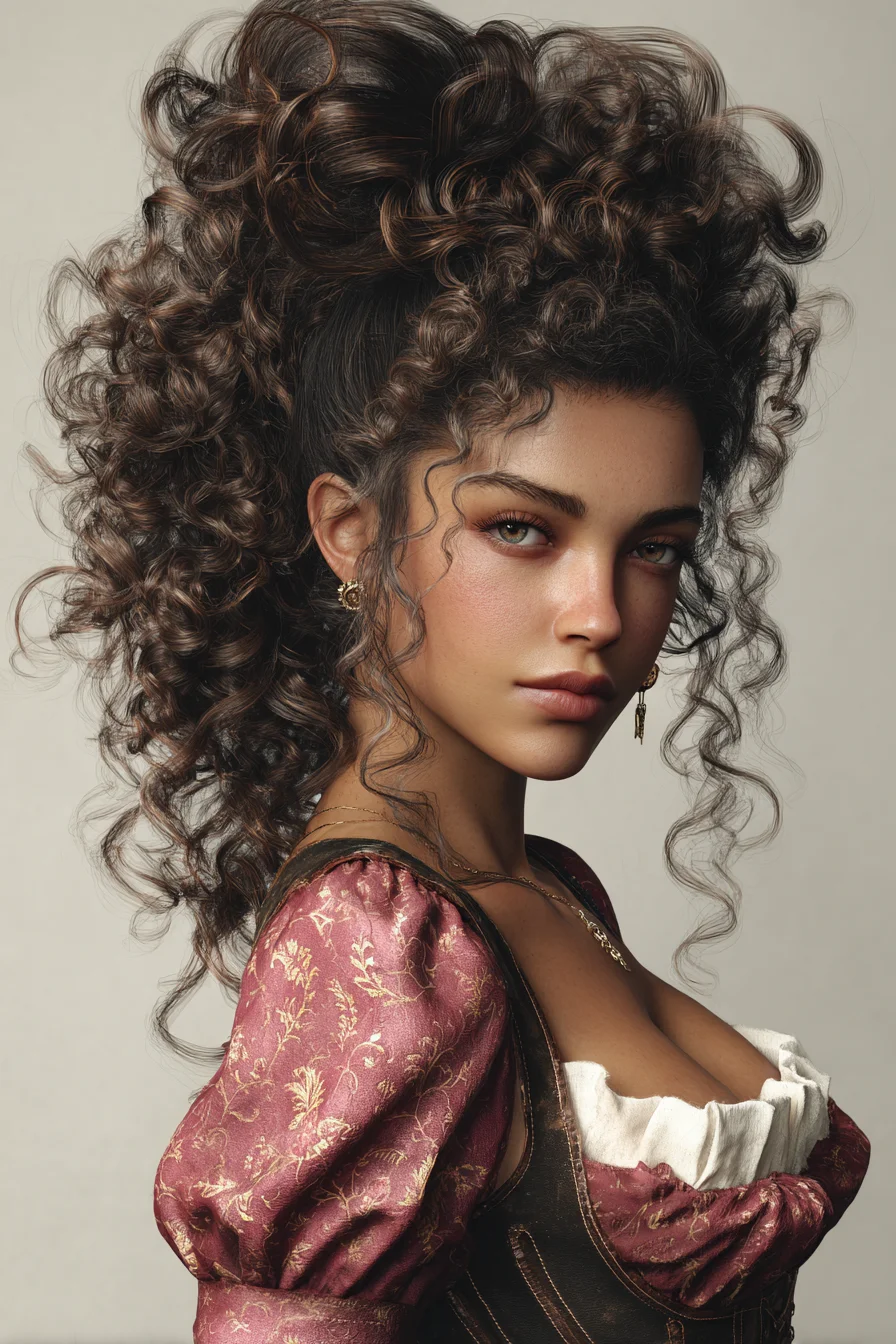 Voluminous Curly High Ponytail with Face‑Framing Tendrils