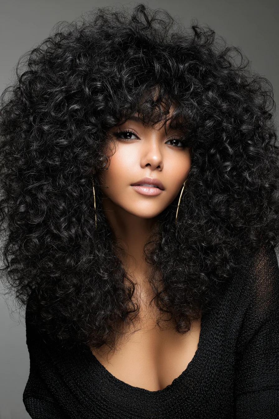 Voluminous Curly Layers with Soft Curly Fringe