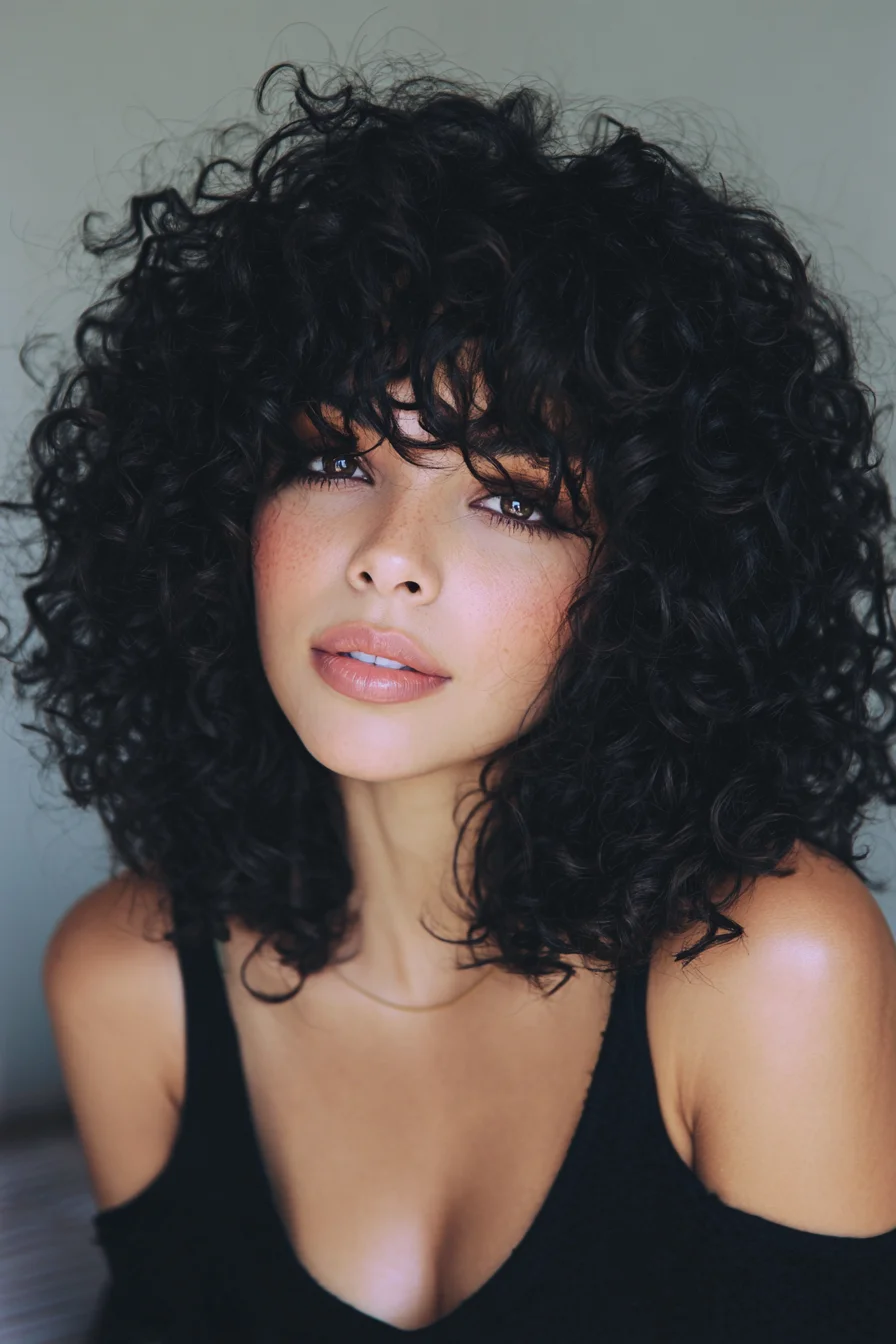 Voluminous Curly Shag with Curly Fringe — Layered Medium-Length Curls