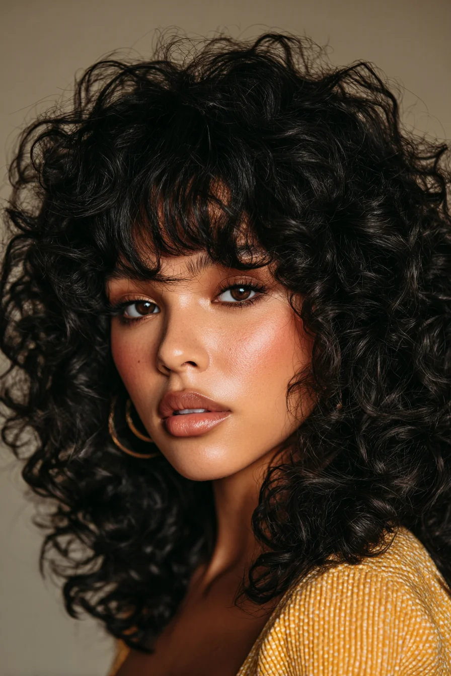 Voluminous Curly Shag with Soft Curtain Bangs