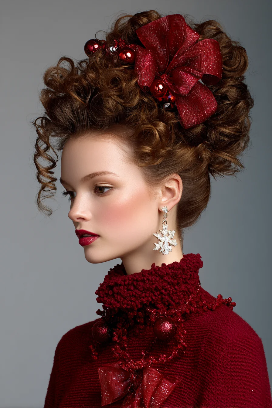 Voluminous Curly Updo with Festive Ribbon and Ornament Accents