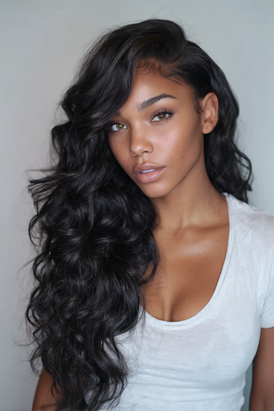 Voluminous Deep Side-Part Waves — Long, Textured Salon Curls