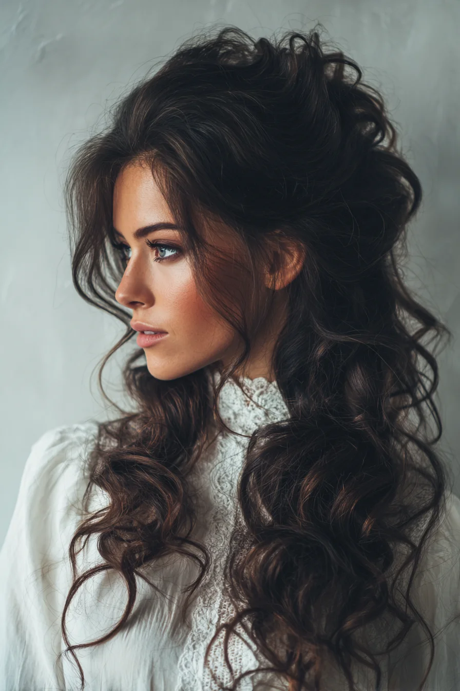 Voluminous Half-Up Romantic Curls with Teased Crown